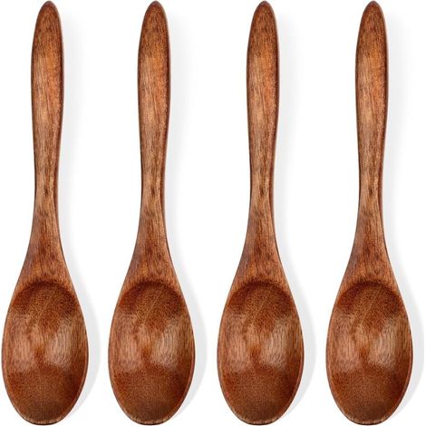 KZQ Set di 4 cucchiaini di legno piccoli, cucchiaio da miele da 14 cm per il tè, cucchiaio di legno per mangiare, mini cucchiaio da portata in legno per caffè, tè, spezie (1/4)