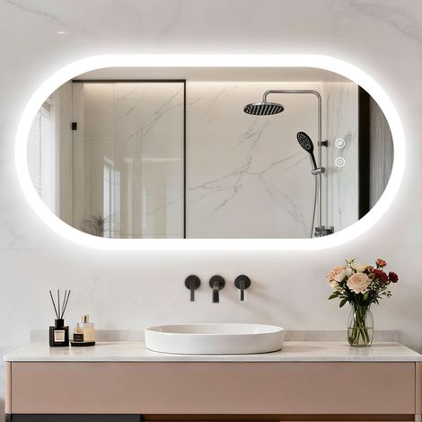 Oval LED Bathroom Mirror Adjustable LED Colors Dimming Anti-fog Tempered Glass, 100 x 50cm