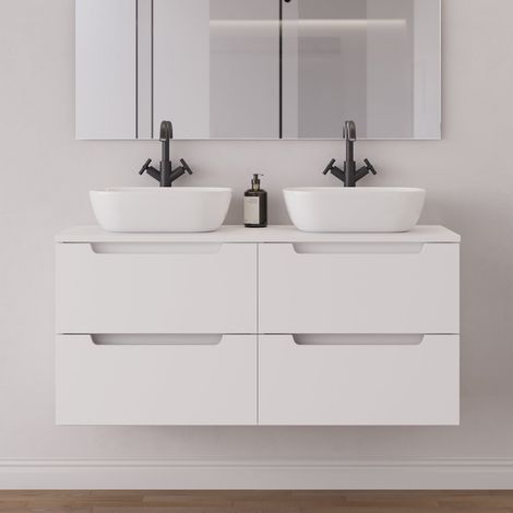 Meuble de salle de bain 140cm avec plateau et 2 vasques à poser arrondies - 4 tiroirs - sans miroir - blanc mat - SONRIZA (1/5)
