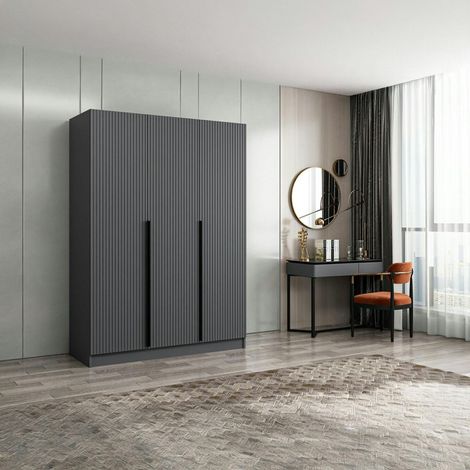 Armoire penderie design 3 portes grises rainurées BYRON (1/5)