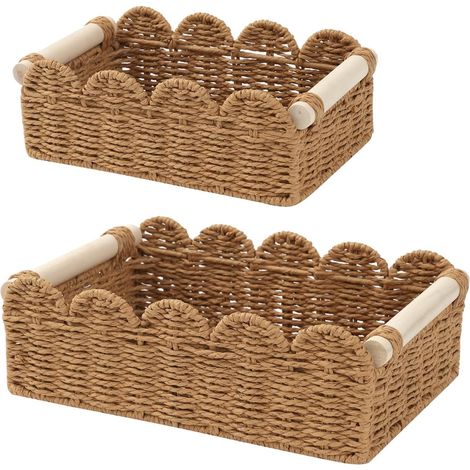 Ensemble de 2 paniers de rangement en osier, petit et grand paniers à linge à bords festonnés pour étagères, organisateur de salle de bain bohème avec poignées pour papier toilette, 11,8 x 7,9 x 3,9 e (1/5)