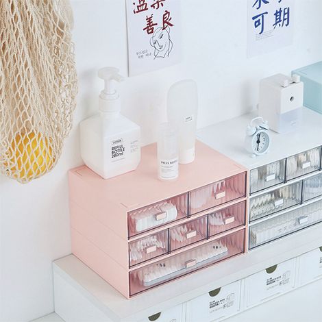Coffret de rangement tiroir bureau étanche anti-poussière en plastique modulable empilable 3 tiroirs rose rayé (1/2)