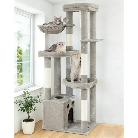 Arbre à Chat Grand Kratzbaum, Arbre à Chat XL Stable pour Grands Chats de 170 cm de Haut,Plusieurs étages Gris avec 4 poteaux à griffer, 6 balles en Peluche (1/5)
