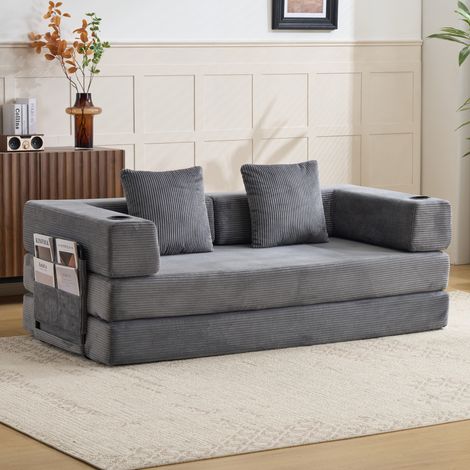 Klappsofa als Bodenmatratze, umwandelbar, mit Armlehnen, Becherhaltern und Seitentaschen aus Cord in Dunkelgrau (1/5)