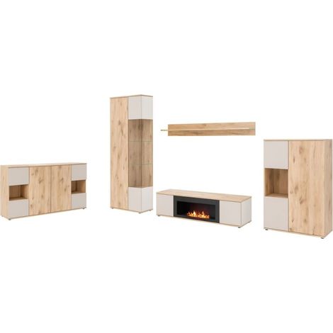 Set completo salotto ERINA – Buffettino, Buffet alto, Vetrina, Scaffale, Mobile TV con camino bio-etanolo – Rovere chiaro e beige
