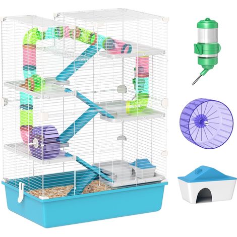 Cage à hamster à six niveaux, avec tunnel, roue d'exercice, rampe, maisonnette, biberon et gamelle, bleue.