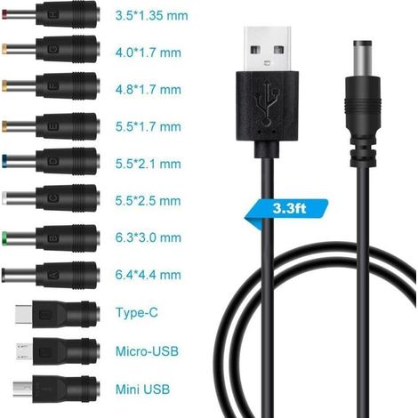 cable usb vers dc 5v,Câble USB vers DC d'alimentation,11-en-1 DC adaptateur alimentation 5.5 x 2.1mm DC Barrel Jack pour Ordinateur Portable, Routeur etc(1m, noir) (1/4)