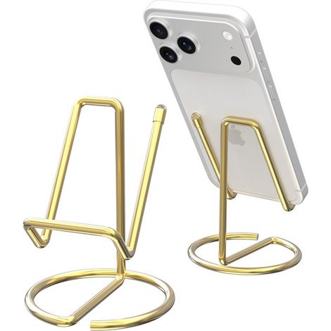 2 supports pour téléphone – Support pour téléphone – Compatible avec téléphones et tablettes – 7,5 x 7,5 x 10 cm – Métal – Or (1/5)