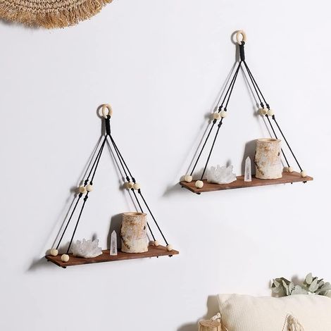 Lot de 2 étagères murales- Étagère suspendue en macramé style bohème, support pour plantes rustique fait main,étagères flottantes de rangement,noir (1/5)