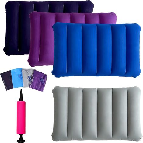 Lot de 4 oreillers gonflables portables pour le camping, les vacances, la plage, les bains de soleil et les voyages (gris + bleu foncé + bleu marine + violet) (1/5)
