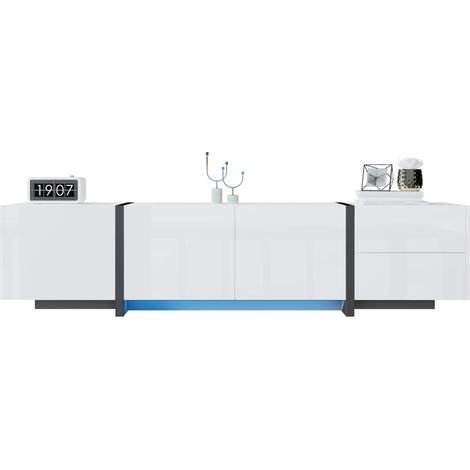 Meuble TV bas, meuble blanc laqué brillant et pieds de table noirs, avec portes et tiroirs simples.