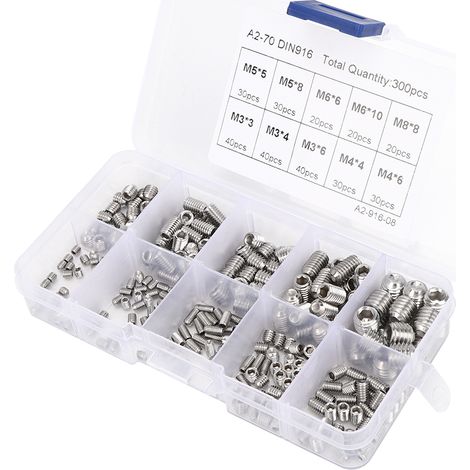 Kit de 300 vis de réglage M3, M4, M5, M6 et M8 en acier inoxydable 304 à six pans creux (1/5)