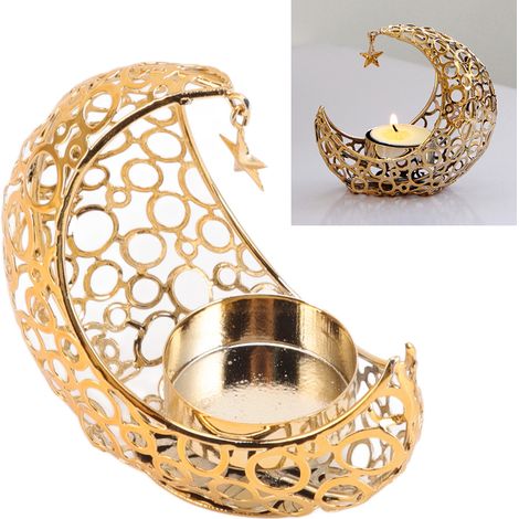 Lámpara de araña de hierro dorado, portavelas romántico con forma de luna, decoración de mesa para bodas y Navidad, estilo dorado de moda para el hogar, la oficina y la sala de estar. (1/5)