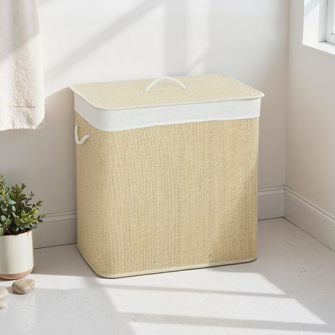 Panier à linge en bambou avec couvercle, 3 compartiments, 144L, avec poignées corde et sac amovible lavable (1/5)