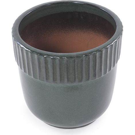 Maceta de cerámica artesanal Ø 23 cm verde oscuro brillante con ranuras y drenaje (1/5)