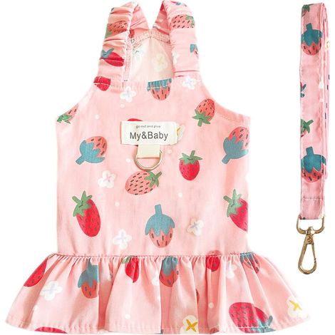 1 ensemble vêtement chien, robe princesse + harnais + laisse, imprimé fruits, coton rose, taille S à XL (1/5)