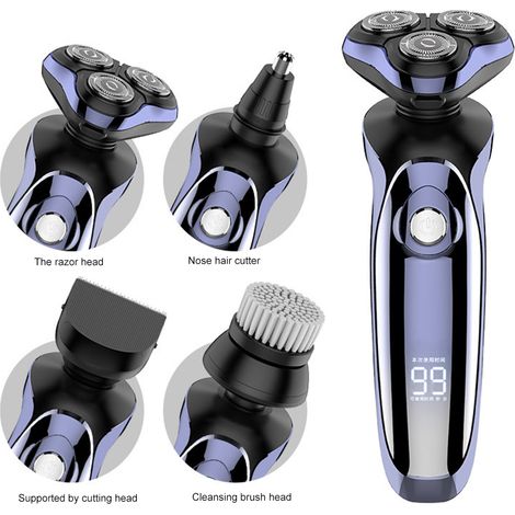 Rasoir électrique homme 4D sans fil, tondeuse rotative à 3 têtes, coupe-barbe rechargeable, kit de rasage complet, usage sec et humide, noir. (1/5)