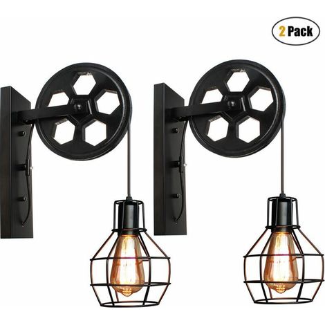 Lot de 2 Appliques Murales Industrielle,  Éclairage Mural Vintage Poulie Lampe de Mur Luminaire Intérieur pour Bar, Chambre à Coucher, Salon, Restaurant, Café, Couloir - Noir - Noir BLOW (1/5)