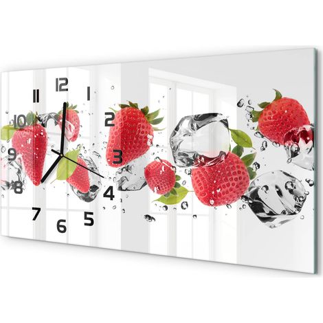 Horloge Murale Salon 60x30 cm Panoramique Verre Trempé Décoration Murale Fraises et eau (1/5)