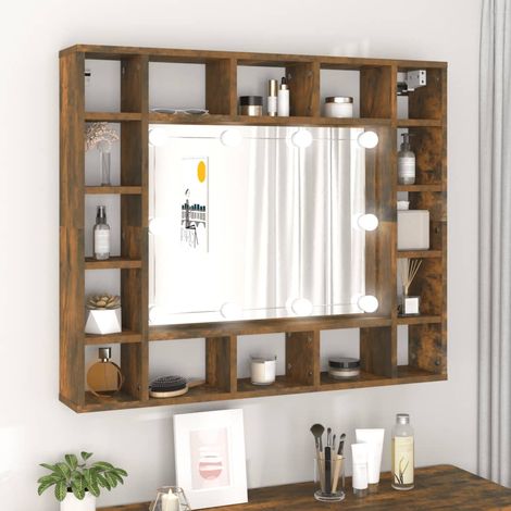 Armoire à miroir avec LED, Armoire de Salle de Bain, Armoire de Rangement Murale Chêne fumé 91x15x76,5 cm HYB93873 (1/5)