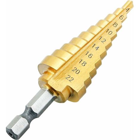 Step Foret Bits, Foret À Trésorerie en Acier À Grande Vitesse Titane en Acier, Accessoire d'alimentation Hex Shank Bits pour Le Cuivre en Aluminium en Bois en Plastique Bricolage, 4-22MM, (1/5)