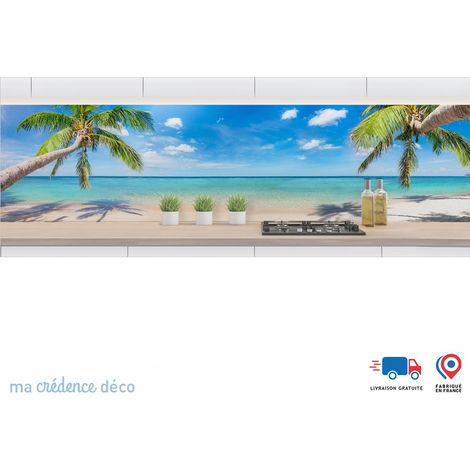 Crédence : Plage et palmiers, Aquarelle - Couleur Gris platine - Alu composite - 120 - 60 (1/3)