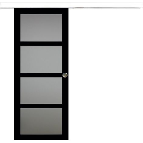 Porte Coulissante Telia Noir Vitrée H204 X L83 + Rail Alu Bandeau Blanc Et 2 Coquilles