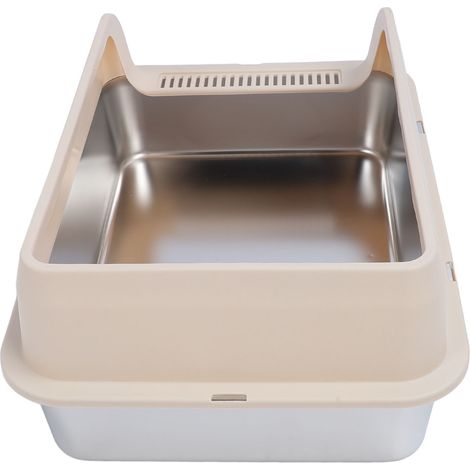 Boîte litière pour chat robuste propre anti face chaton plateau pour intérieur chats beige grand en acier inoxydable métal facile haute 50 35 25 cm 19.7 13.8 9.8 pouce avec pelle (1/5)