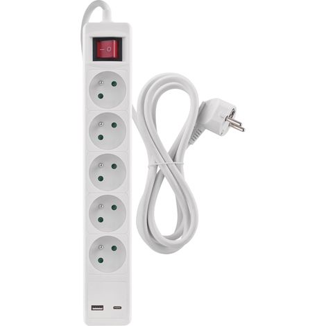 Multiprise 5 Prises avec Charge USB et 3m de câble 1,5 mm2 - Multiprise avec Interrupteur 5X Prise, 1x USB C, 1x USB A - Convient au Montage Mural - IP20 pour l'intérieur - Blanc (1/5)