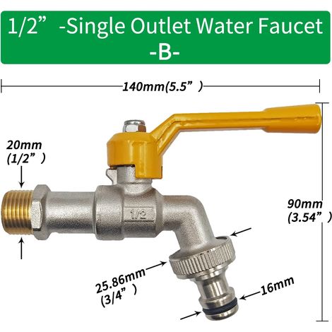 (B-1pcs) Adaptateur de robinet pour tuyau d'arrosage 1/2'', connecteur pour réservoir d'eau IBC, irrigation 2 voies/1 voie, raccord de remplacement en laiton, vanne à bille (1/5)