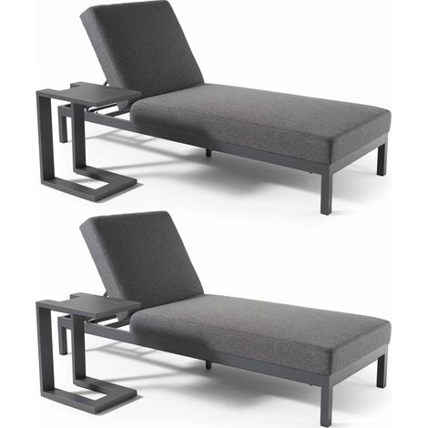 Oviala – Lot de 2 bains de soleil inclinables en aluminium – Assise matelassée 11 cm – Dossier inclinable – Tablettes design en aluminium