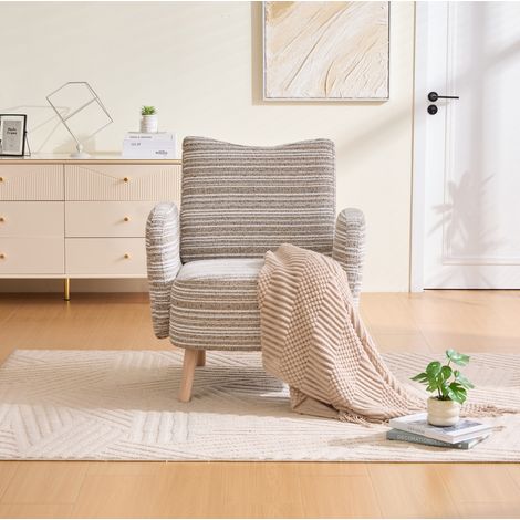 REDOM - Poltrona da lettura con tasca laterale, schienale ergonomico, gambe in legno, tessuto bouclé kaki (1/5)