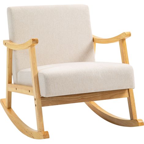 Fauteuil à bascule type rocking chair, assise rembourrée avec pieds en bois, 66L x 92P x 78H cm, beige (1/5)