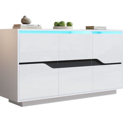 Sideboard 140 cm Hochglanz Weiß Schwarz, Moderne Wohnzimmeranrichte mit LED Beleuchtung, Grifflose Kommode 3 Türen für Wohnzimmer, 140x40x70 cm