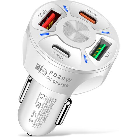 Compatible avec tablettes, appareils photo, iPhone 14, 13, 12, 11 Pro Max, X, XR, XS, Samsung Galaxy, Google Pixel (blanc) - Lampe de voiture à charge rapide USB 4 ports, 3 ports USB 2,4 A / 1 ampoule (1/5)