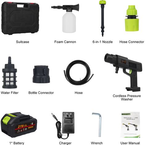 Nettoyeur haute pression sans fil 21 V, nettoyeur électrique portatif alimenté par batterie, nettoyeur portable avec 1 batterie, buse 6 en 1, canon à mousse, chargeur pour arrosage, nettoyage, lavage  (1/5)