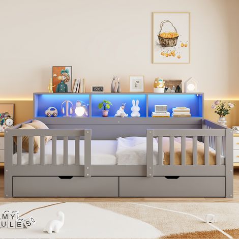 Lit enfant 90x200 avec tête haute et LED - Métal et MDF - Barrière avant et 2 tiroirs - Charge 120kg - gris (1/5)