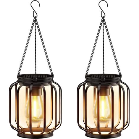 Solar-Hängeleuchte für den Außenbereich, Metall-Solarlaterne mit Kette und Haken, IP65 wasserdicht, dekorative zylindrische Hängeleuchte für Terrasse, Balkon, Hof, Garten, 2er-Set