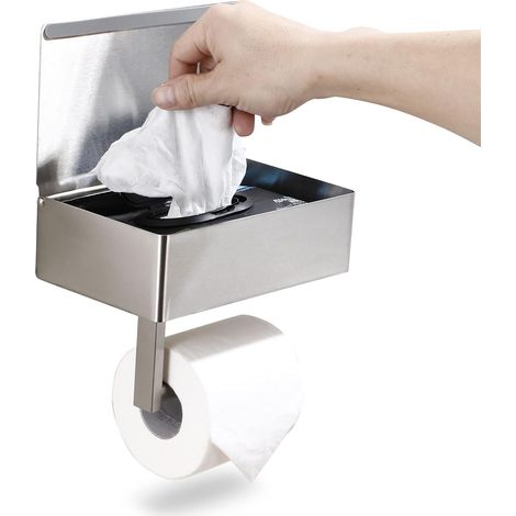 Soporte para papel higiénico Grand Designs con estante - Dispensador de toallitas húmedas y estante de almacenamiento para cualquier baño - Montaje en pared de acero inoxidable - Níquel cepillado (1/2)