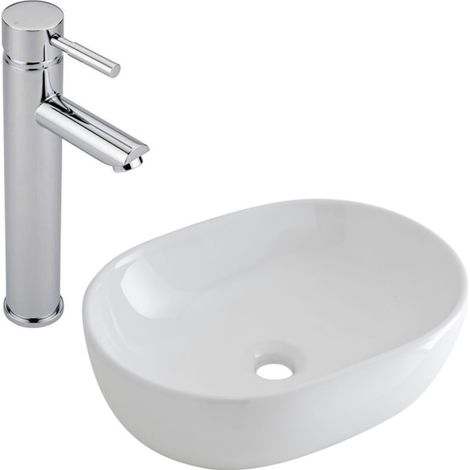 Milano Overton 590mm x 425mm White Ceramic Oval Countertop Bathroom Basin Sink - With High Rise Tap (1/5)