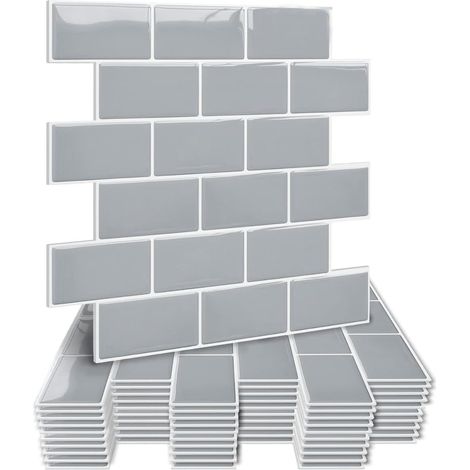 2.5mm Thickness Peel and Stick Wall Tiles Kitchen Backsplash, Waterproof Stick on Tiles, Grey Self Adhesive Wall Tiles Bathroom Subway Tiles Grey 5 Sheets (1/5)