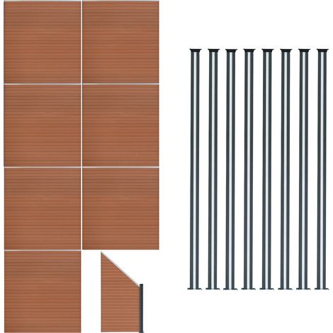Pannelli Recinzione x7, Elemento Angolare & 9 Pali Metallo 185cm x 1311cm LED Solare Recinzione Doppia Faccia Marrone in Legno Composito per Giardino Esterno, Privacy e Design Moderno