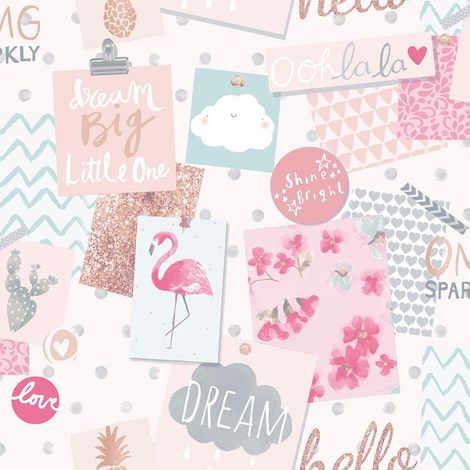 Collage Kids Wallpaper Grandeco Pink White Paste The Wall Textured Vinyl (1/2)