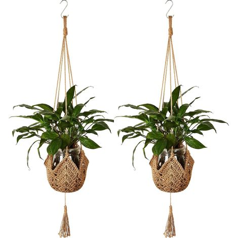 Paniers de Plantes à Suspendre en Corde de Jute Macramé Crochet pour Pot de Fleurs Mural avec Crochets de Suspension pour Décoration Intérieure 2 Pièces (1/5)