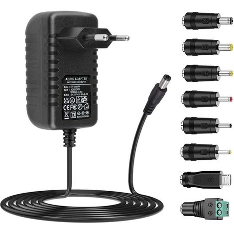 Adaptateur Secteur 12V 2A, AC 220V-230V vers DC 12V, Alimentation avec 8 Connecteurs DC, Convertisseur Chargeur 5.5mm, 2000mA 1000mA 500mA (1/5)