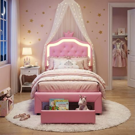 Creahappy Lit Enfant Couronne 90x200 cm - Lit Princesse Capitonné avec LED RGB et Tiroir de Rangement, Cadre de Lit avec Sommier, Adapté aux Enfants et Adolescents, Similicuir PU Rose (1/5)