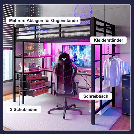 Lit mezzanine 90x200cm noir avec LED, bureau intégré, prises USB, 3 tiroirs, étagères, garde-corps, échelle, sans matelas