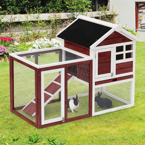Conigliera multifunzione PawHut: nido superiore con rampa, vassoio raccogli-escrementi, finestra + recinto esterno sicuro con 2 porte, 123,5L x 62,6W x 92,5H cm, rosso mattone.