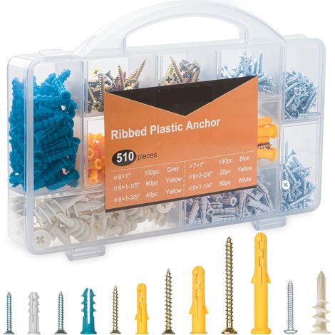Coffret 510 Pièces Chevilles et Vis pour Placo, Kit de Fixation Murale avec Chevilles Plastiques Nervurées et Vis Autotaraudeuses, Assortiment Multi-Tailles pour Plaque de Plâtre, Cloison Sèche, Mur C (1/2)