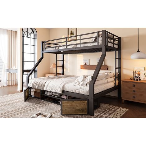 Lit superposé 90 x 200 ou 140 x 200 cm avec rangement, garde-corps, échelle et certification en747, sans matelas, noir (1/5)